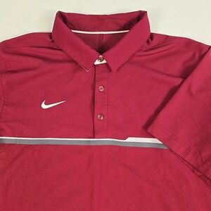 Nike Dri Fit Performance Golf Polo Mens Medium Maroon Gray Stripes Logo Tennis